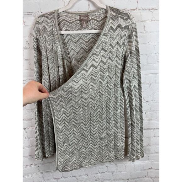 CHICO'S gray zigzag striped knit open front waterfall cardigan sweater 2 L 12-14 - Picture 3 of 7